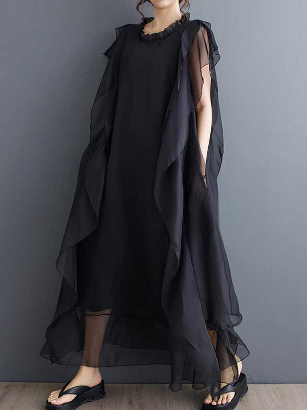 Falbala Ruffled Solid Color Loose Ruffle Sleeves Round-neck Midi Dresses