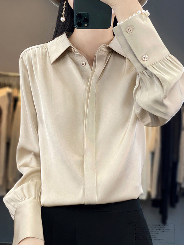 Buttoned Pleated Solid Color Long Sleeves Loose Lapel Blouses&Shirts Tops