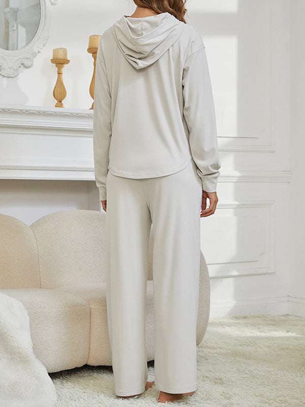 Elasticity Solid Color Split-Joint High-Low Long Sleeves Hooded Pajama Sets