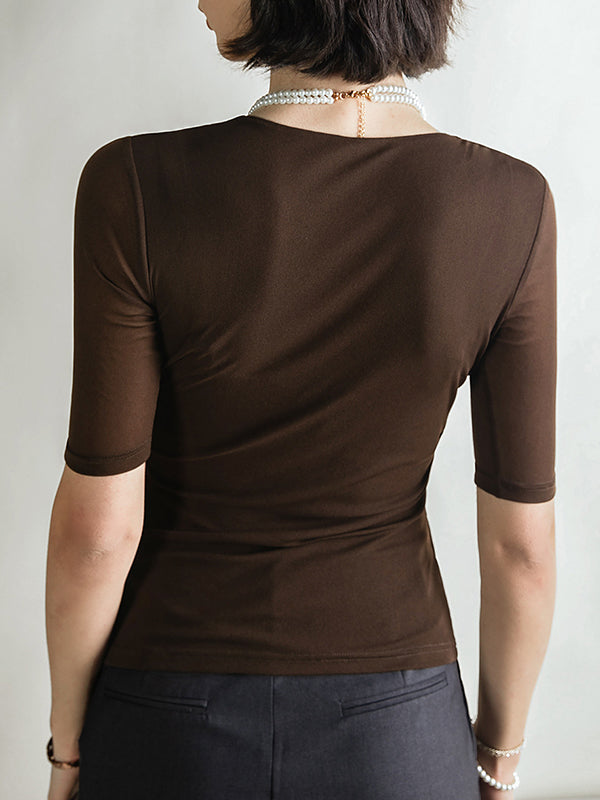 Pleated Solid Color Half Sleeves Skinny V-Neck T-Shirts Tops