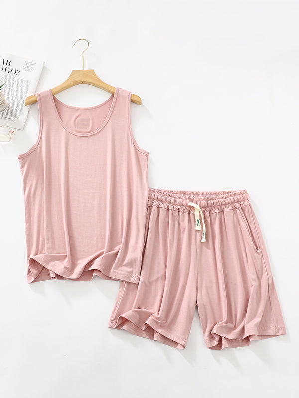 Drawstring Elasticity Pleated Solid Color Loose Sleeveless Round-neck Pajama Sets