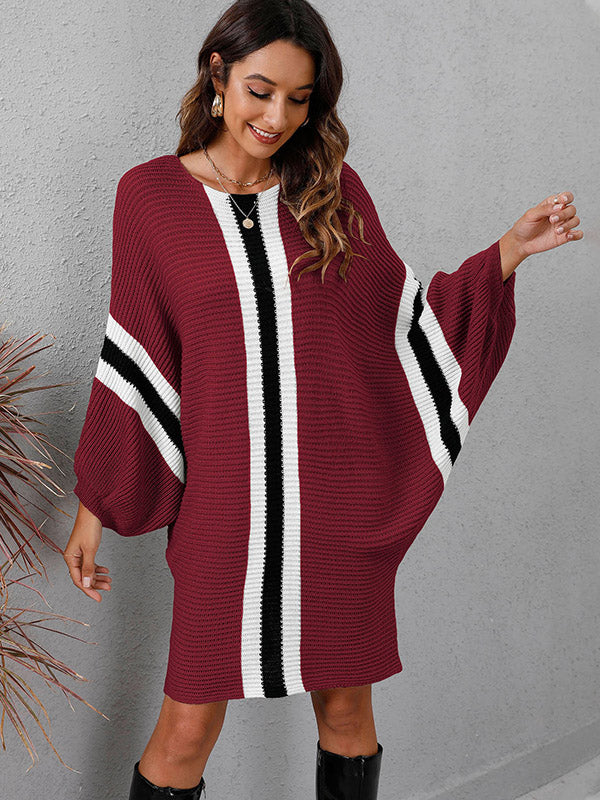 Original Loose 4 Colors Striped Round-Neck Batwing Long Sleeves Sweater Dress