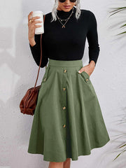 Casual A-Line Buttoned Pleated Solid Color Skirts