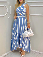 Asymmetric Hollow Pleated Pockets Split-Joint Striped Zipper High Waisted Loose One-Shoulder Midi Dresses