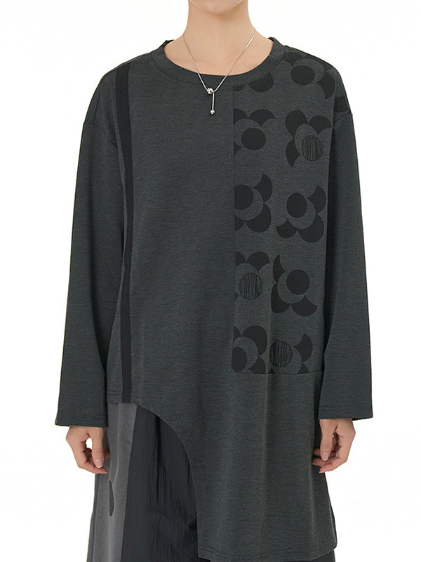 Asymmetric Flower Print Long Sleeves Loose Round-neck T-Shirts Tops
