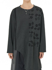 Asymmetric Flower Print Long Sleeves Loose Round-neck T-Shirts Tops