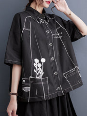 Buttoned Printed Loose Short Sleeves Lapel Blouses&Shirts Tops