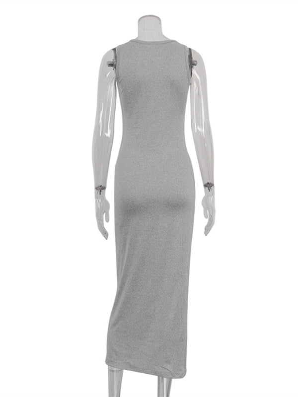 Solid Color Long Sleeves Round-Neck Inner Dress + Bodycon Outerwear Two Pieces Set