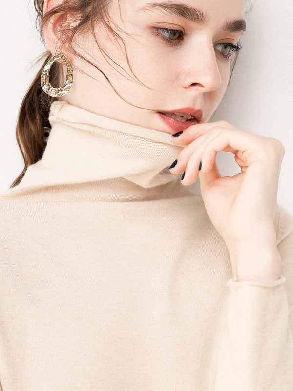 Casual Skinny Long Sleeves Solid Color Heaps Collar Sweater Tops Pullovers