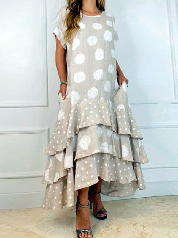 Layered Polka-Dot Split-Joint A-Line Loose Round-Neck Maxi Dresses