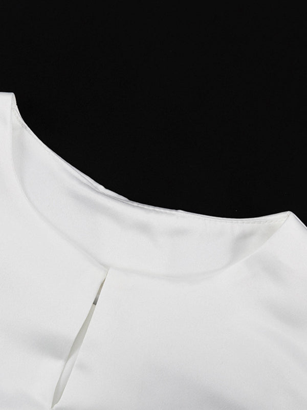 Hollow Solid Color Split-Joint Loose Puff Sleeves Round-neck Blouses