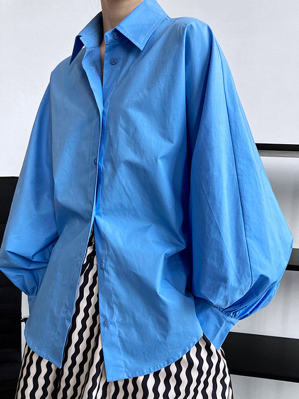 Buttoned Pleated Solid Color Long Sleeves Loose Lapel Blouses&Shirts Tops