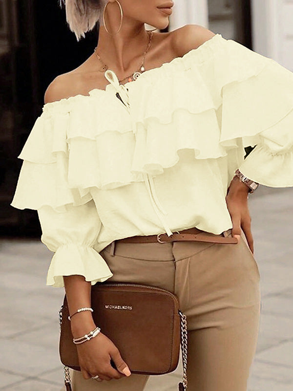 Layered Pleated Solid Color Split-Joint Tied Long Sleeves Loose Off-The-Shoulder Blouses&Shirts Tops