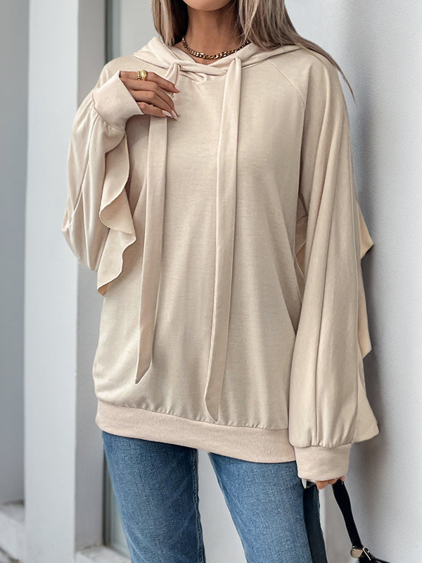 Drawstring Ruffle Trim Solid Color Split-Joint Long Sleeves Loose Hoodies Tops