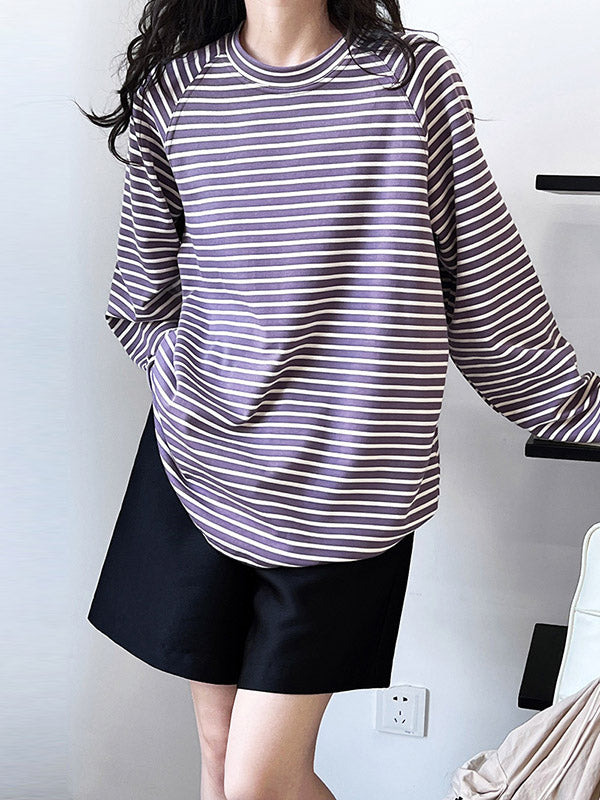 Contrast Color Striped Long Sleeves Loose Round-neck Sweatshirt Tops