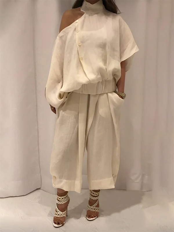 Buttoned Solid Color Loose Wide Leg Trousers Casual Pants Bottoms
