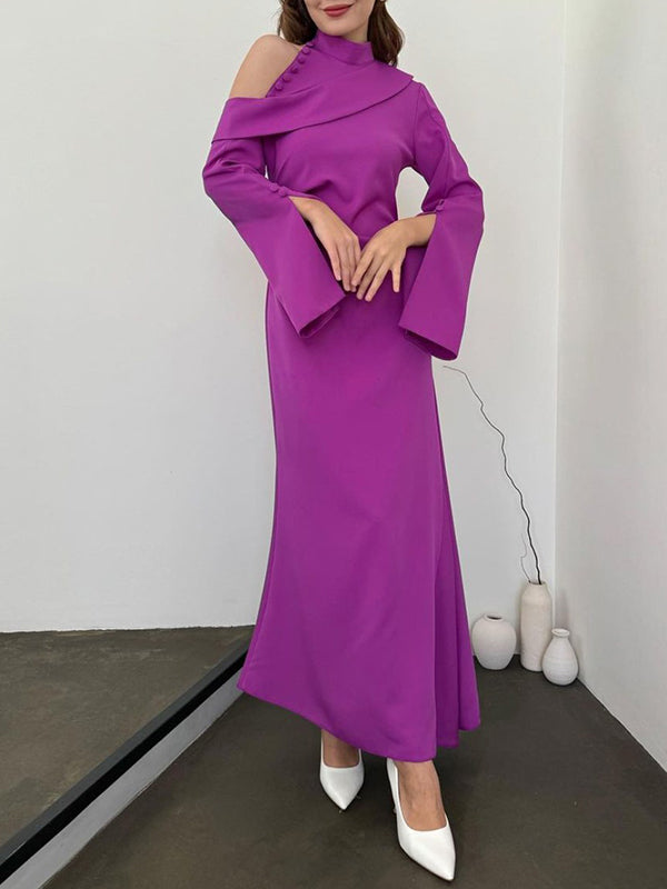 Flared Sleeves Asymmetric Buttoned Hollow Solid Color Zipper Cold Shoulder Evening Dresses Maxi Dresses