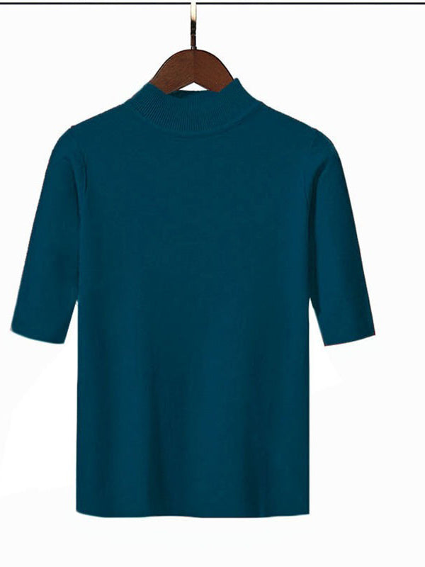 15 Colors Knitting Solid Color High-Neck Short Sleeves Pullover