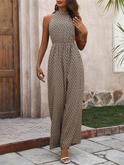 Elasticity Printed Split-Joint Loose Wide Leg Round-Neck Jumpsuits