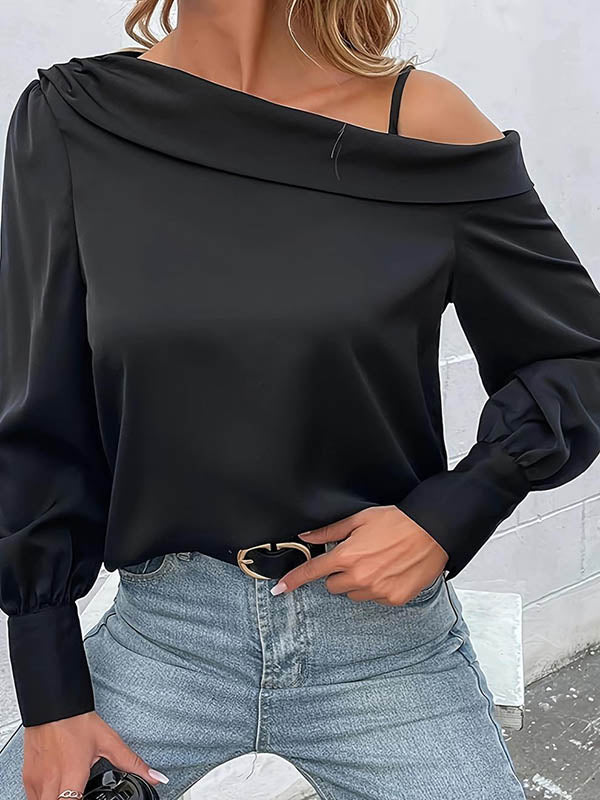 Asymmetric Solid Color Long Sleeves Loose One-Shoulder T-Shirts Tops
