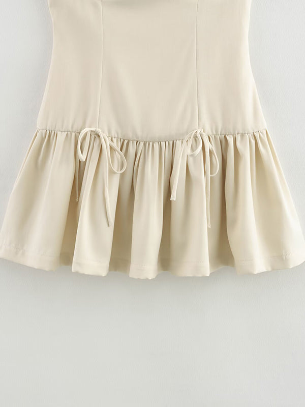 Pleated Solid Color Split-Joint Zipper A-Line Loose Round-Neck Mini Dresses