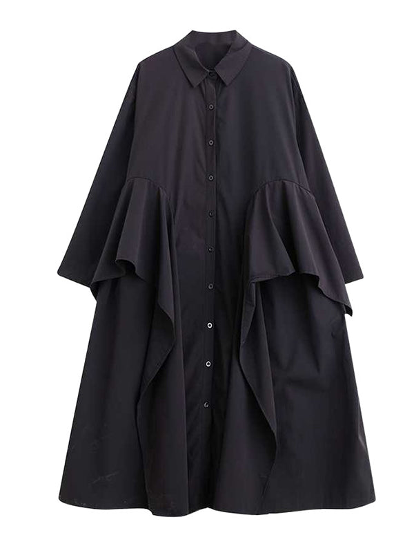 Buttoned Pockets Ruffle Trim Solid Color A-Line Long Sleeves Lapel Midi Dresses