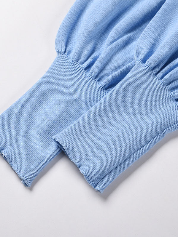 Solid Color Puff Sleeves Wrap Round-Neck Sweater Dress