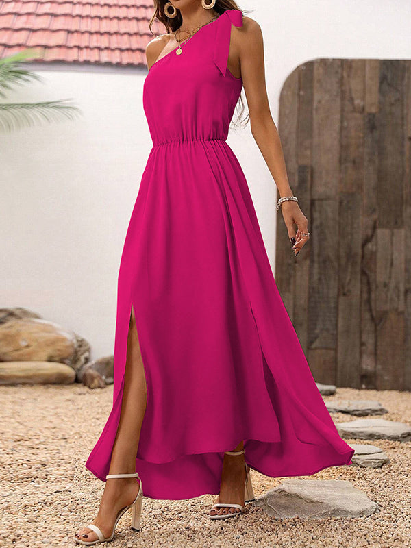 Asymmetric Elasticity Pleated Solid Color Split-side Tied A-line High Waisted One-shoulder Maxi Dresses