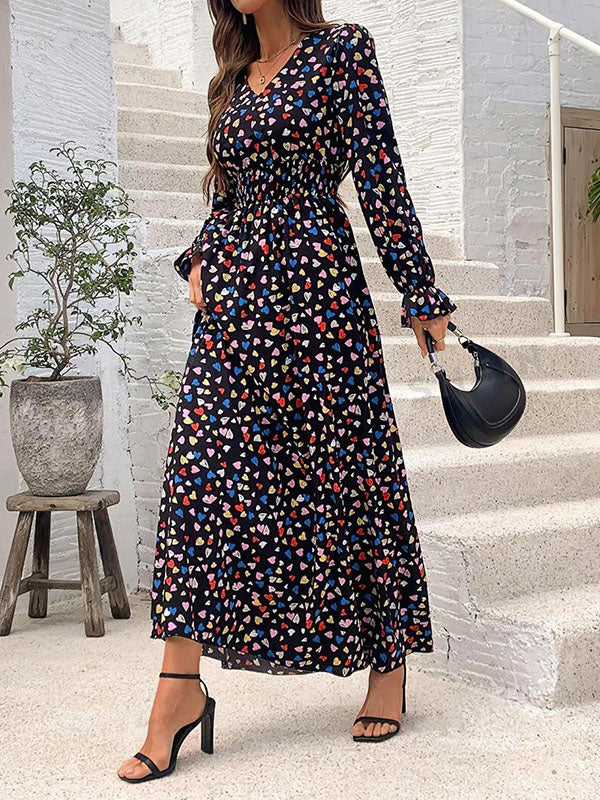Elasticity Floral Printed Split-Joint Loose Puff Sleeves V-neck Maxi Dresses