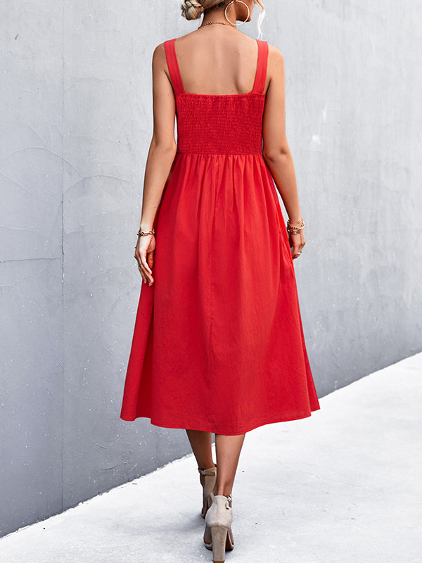 Pleated Solid Color Split-Joint High Waisted Sleeveless U-Neck Midi Dresses