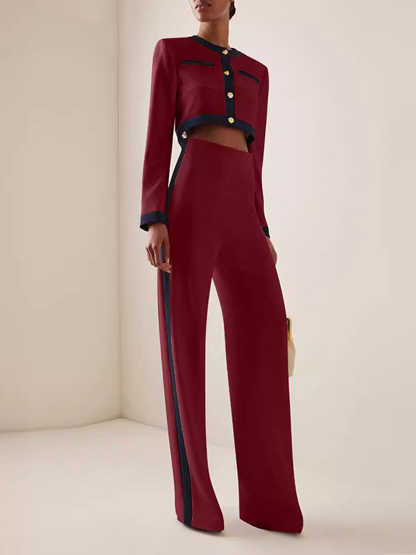 Buttoned Split-Joint Long Sleeves Round-Neck Blouses&Shirts Tops + High Waisted Pants Bottom Two Pieces Set
