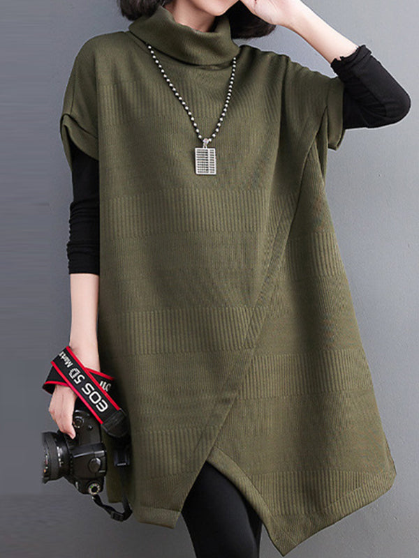 Asymmetric Solid Color Split-front Split-Joint Loose Raglan Sleeve High-neck Mini Dresses Knitwear