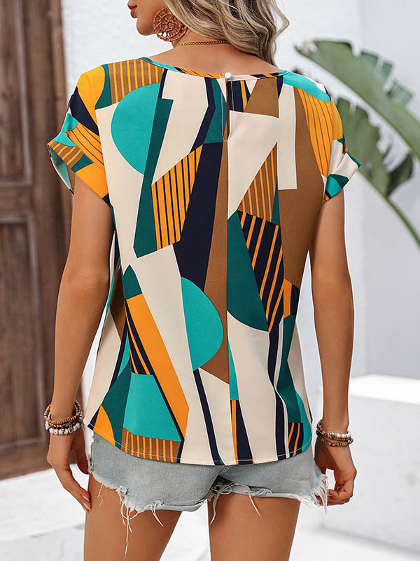 Contrast Color Loose Short Sleeves Round-Neck Blouses&Shirts Tops