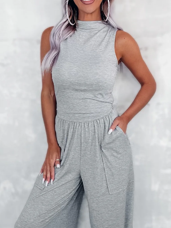 Elasticity Pockets Solid Color Sleeveless Wide Leg Stand Collar Jumpsuits