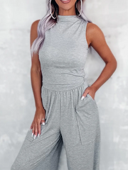 Elasticity Pockets Solid Color Sleeveless Wide Leg Stand Collar Jumpsuits