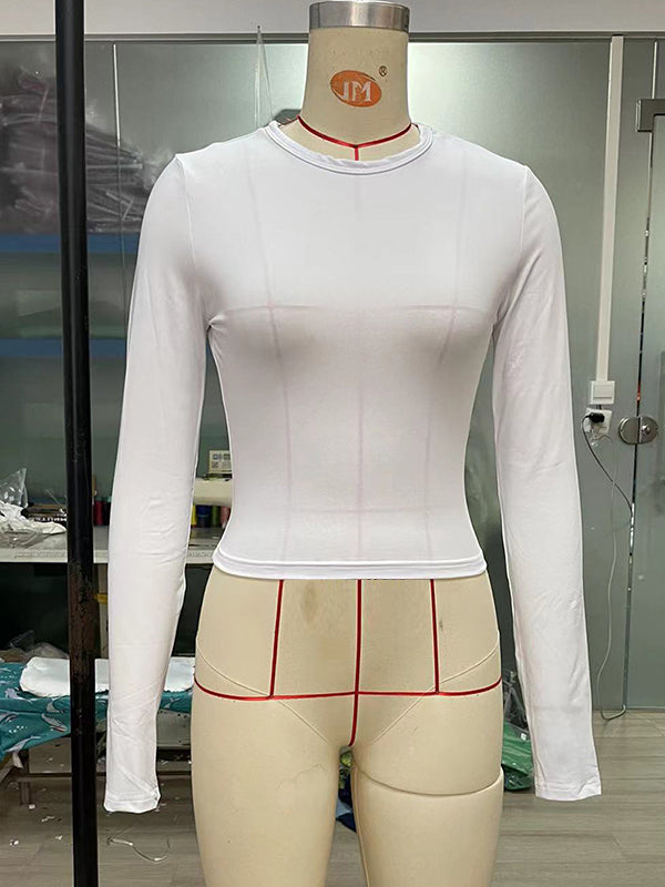 Hollow Solid Color Long Sleeves Skinny Round-Neck T-Shirts Tops