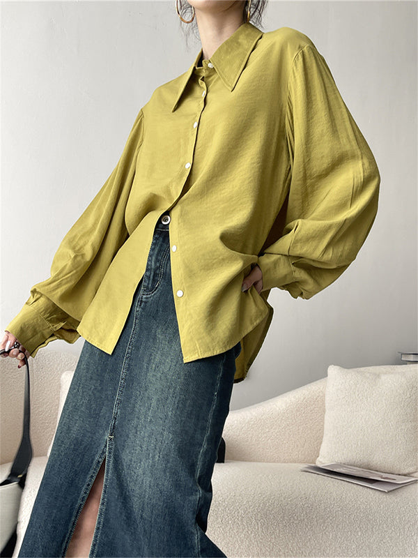 Pleated Split-Joint Sun protection Loose Puff Sleeves Lapel Blouses
