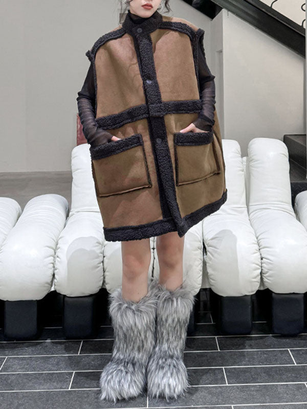 Buttoned Contrast Color Pockets Reversible Velvet Loose Sleeveless Stand Collar Vest Outerwear