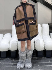 Buttoned Contrast Color Pockets Reversible Velvet Loose Sleeveless Stand Collar Vest Outerwear