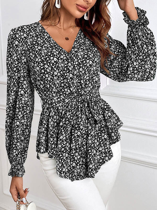 Flower Print Tied Waist Flared Sleeves Long Sleeves V-Neck Blouses&Shirts Tops