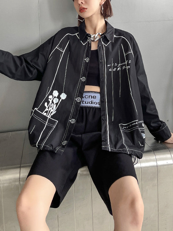 Casual Contrast Color Printed Drawstring Blouse Top