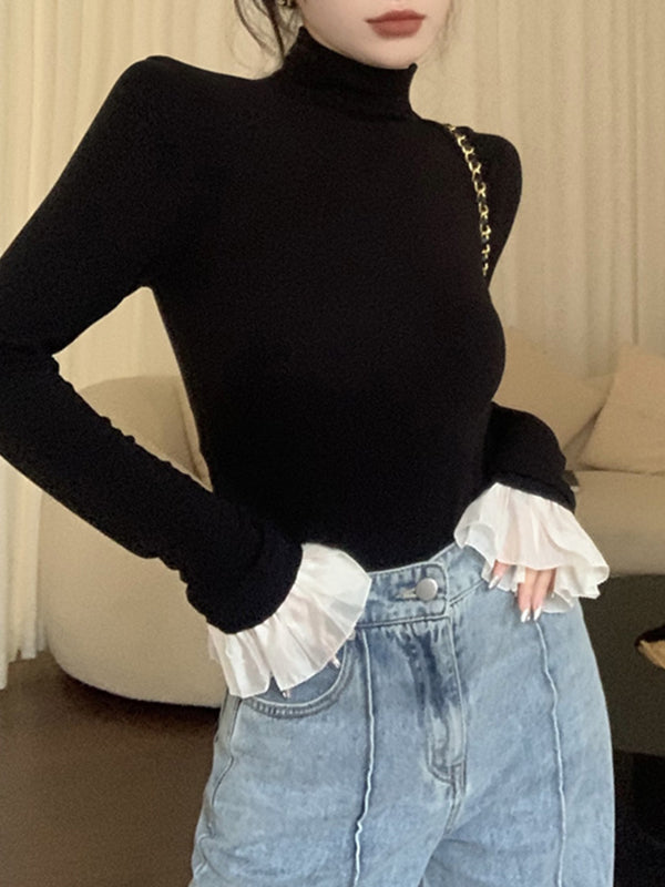 Pleated Split-Joint Long Sleeves Skinny High Neck T-Shirts