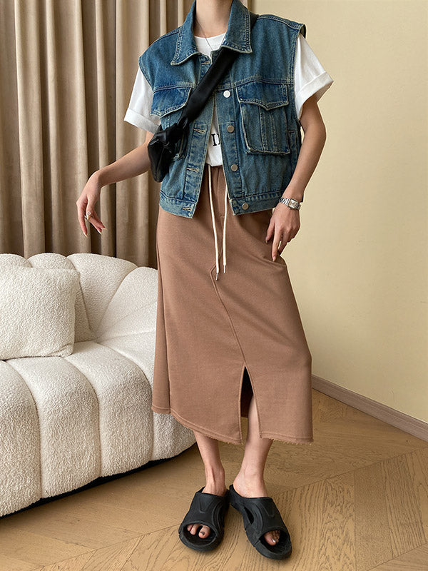 Asymmetric Drawstring Split-Front A-Line Skirts Bottoms