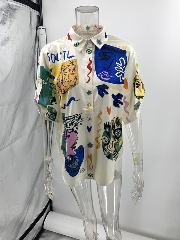 Animal Printed Buttoned Figure Half Sleeves Loose Lapel Blouses&Shirts Tops