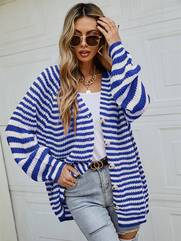 Casual Loose Long Sleeves Striped V-Neck Cardigan Tops