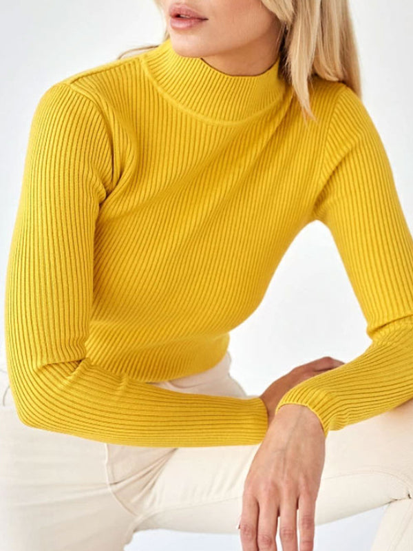 Solid Color Split-Joint Long Sleeves Skinny High Neck Sweater Tops