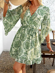 Flower Print Ruffle Trim Split-Joint Tied Waist Flared Sleeves Half Sleeves V-Neck Mini Dresses