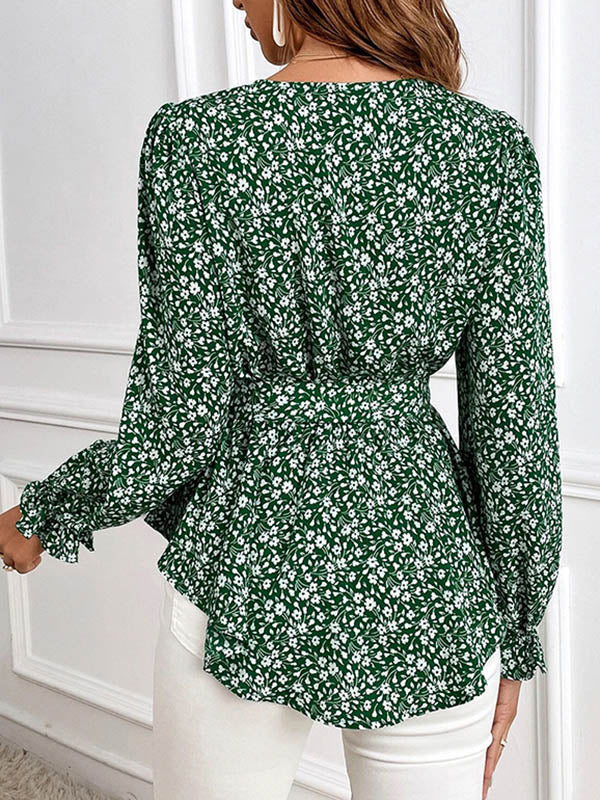 Flower Print Tied Waist Flared Sleeves Long Sleeves V-Neck Blouses&Shirts Tops