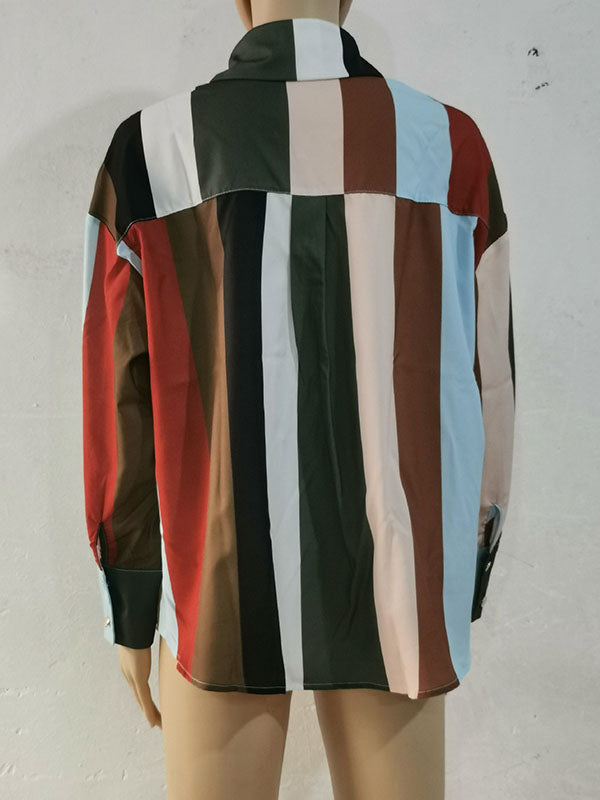 Contrast Color Printed Long Sleeves Loose Lapel Blouses