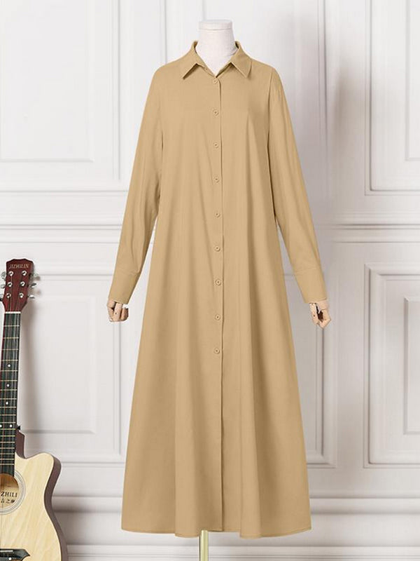 Solid Color Long Sleeves Loose Lapel Shirt Dress Maxi Dresses